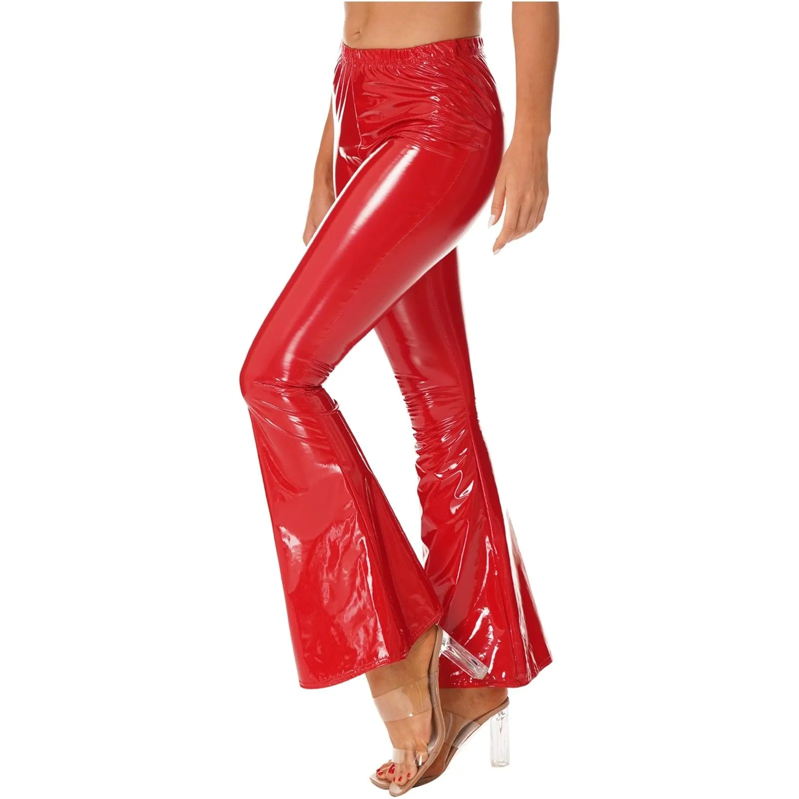 High-Waisted Flared Patent Leather Pants for Ladies