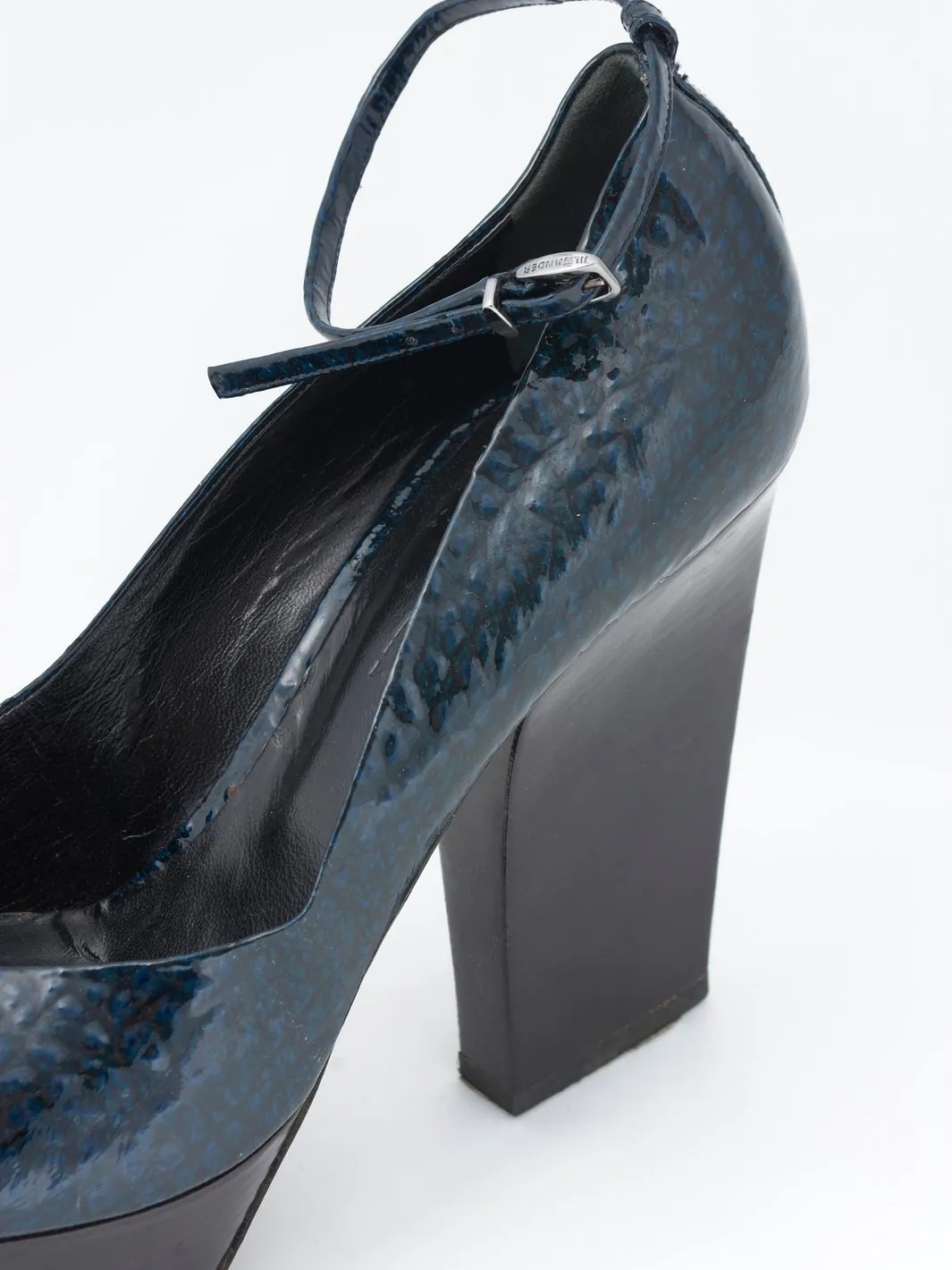 Jil Sander blue patent leather pumps with ankle strap