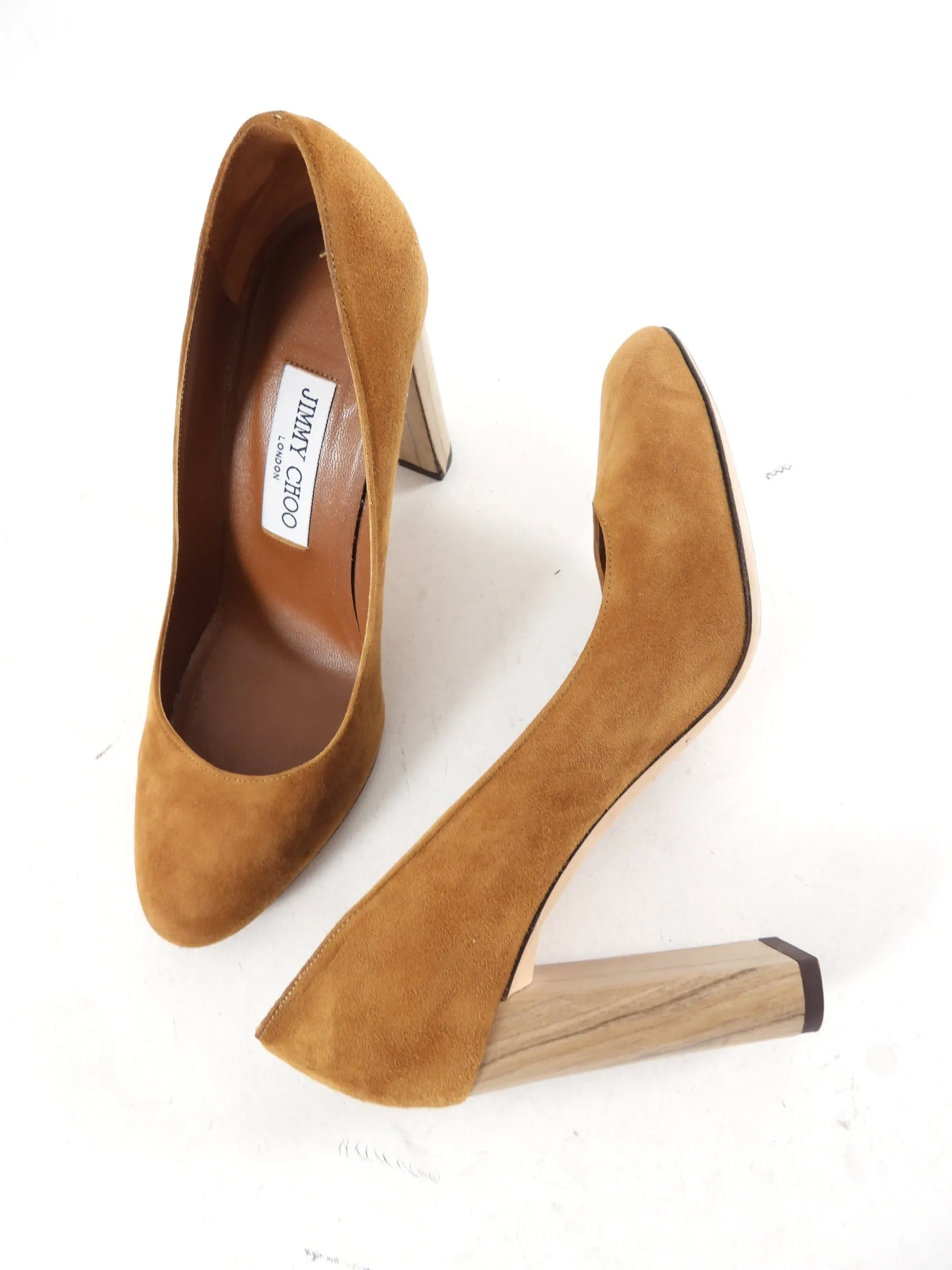 Jimmy Choo Tan Suede Wood Block Heel Pumps - 37.5