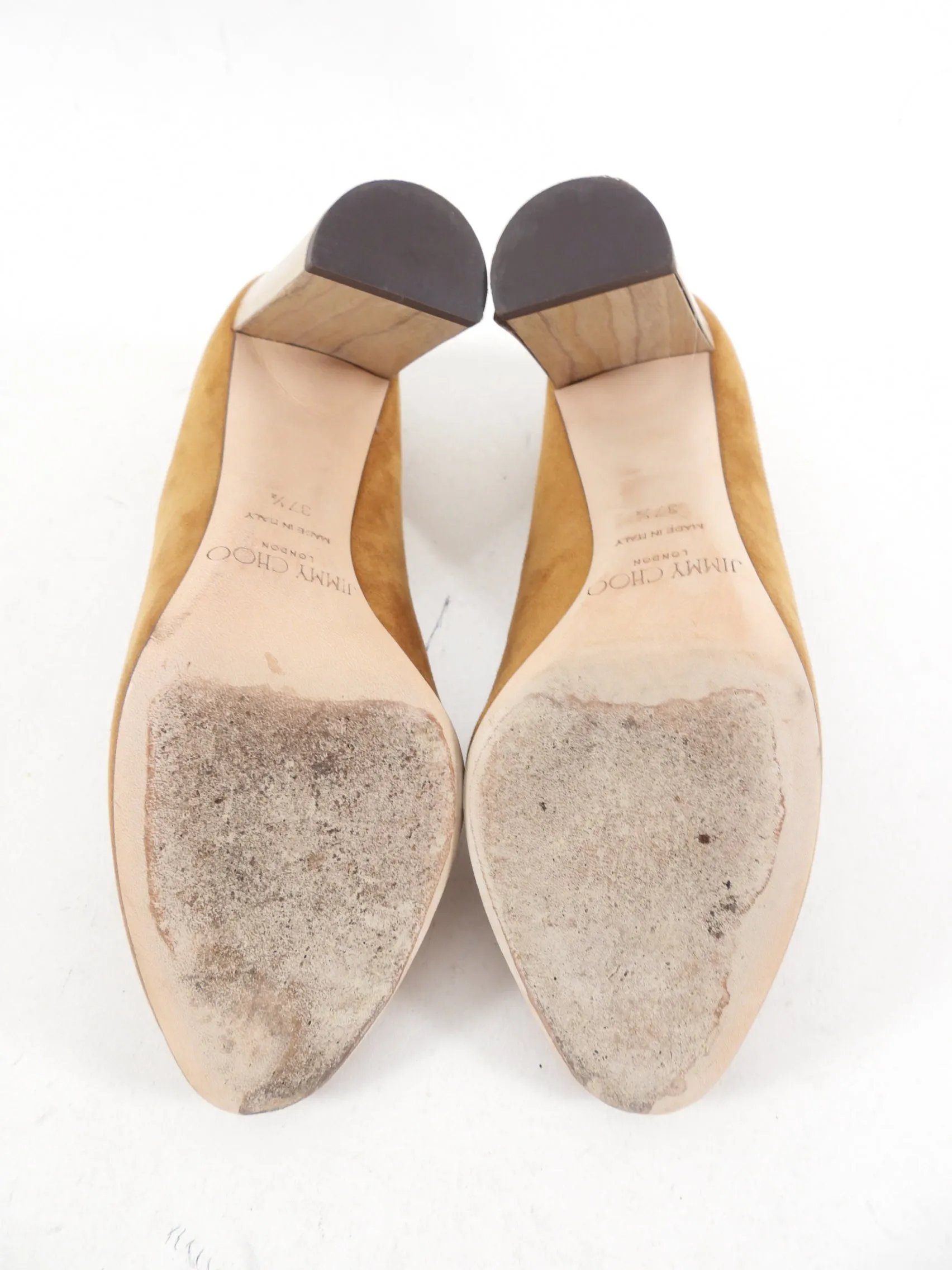 Jimmy Choo Tan Suede Wood Block Heel Pumps - 37.5