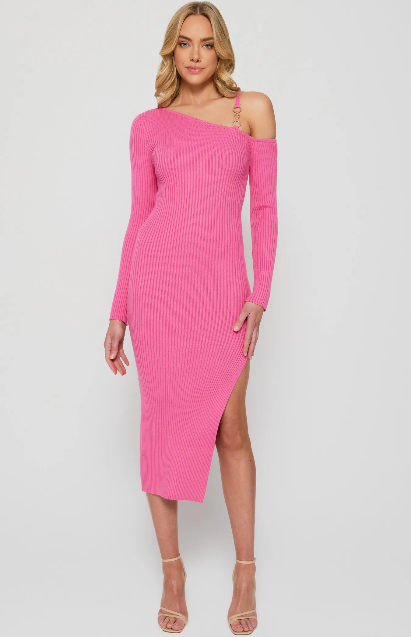 Knit Midi Dress with Gold Buckle Shoulder Detail (WKN548)