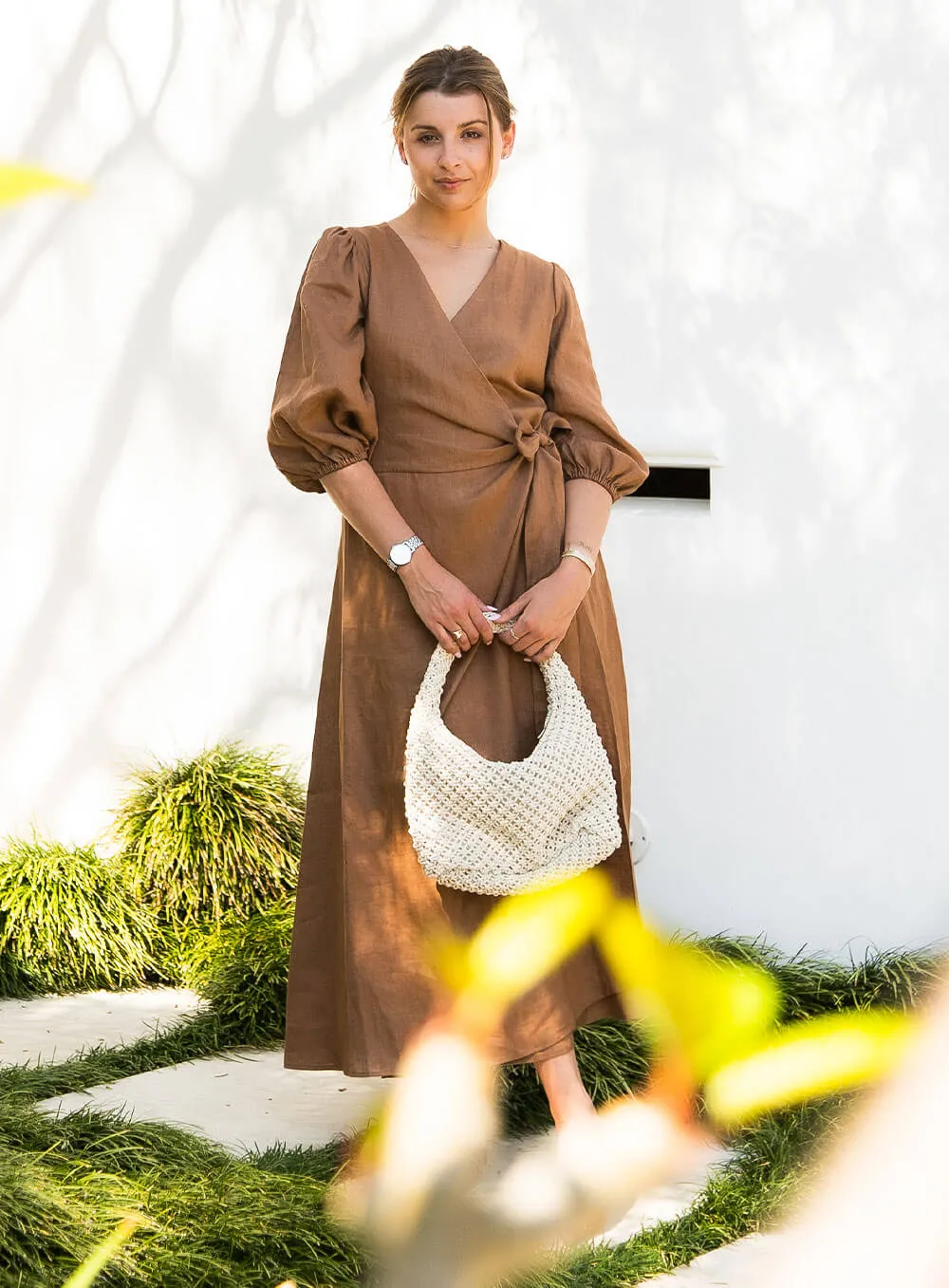 Lydia Linen Wrap Dress-Cocoa