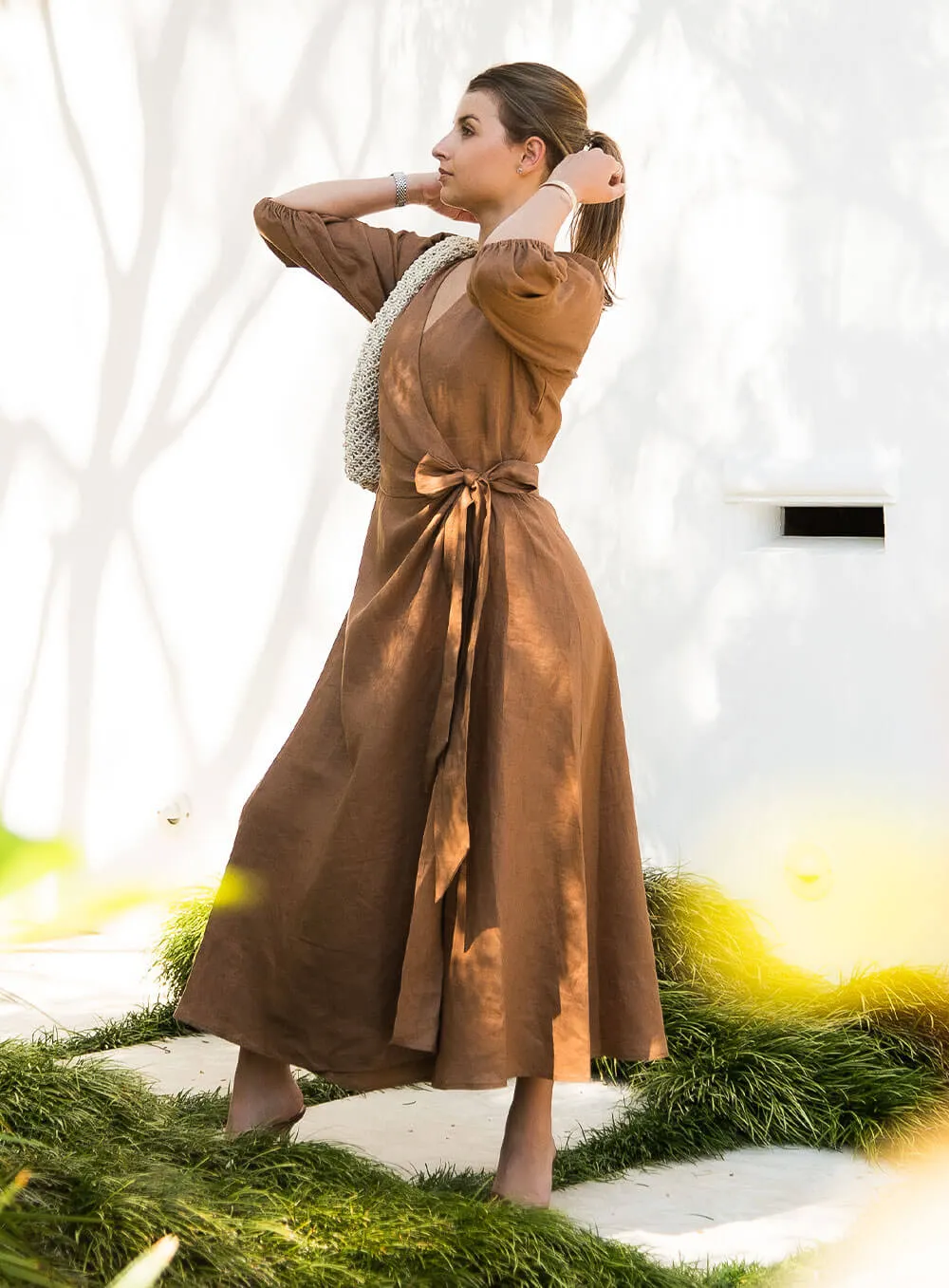 Lydia Linen Wrap Dress-Cocoa