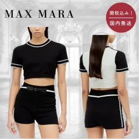 MaxMara  |Crew Neck Plain Cotton Short Sleeves Cropped Tops