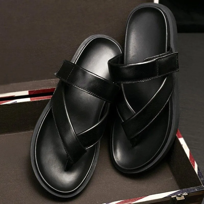 Men's Summer Genuine Leather Slip On Sandals with Thick Platform