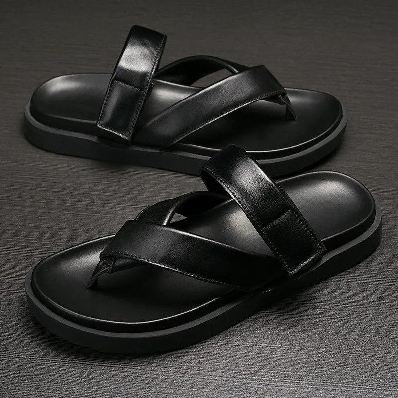 Men's Summer Genuine Leather Slip On Sandals with Thick Platform