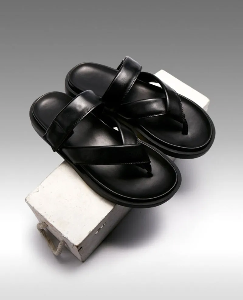 Men's Summer Genuine Leather Slip On Sandals with Thick Platform