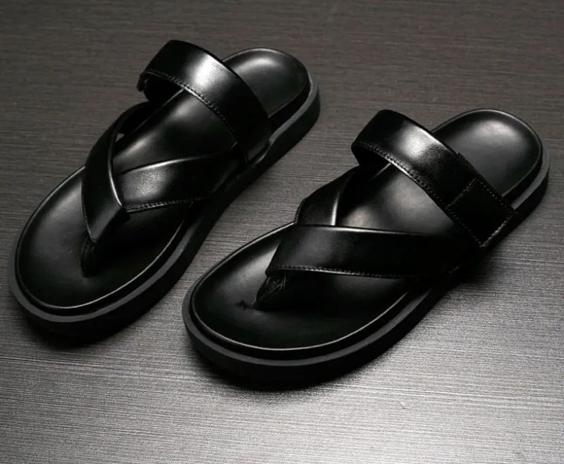 Men's Summer Genuine Leather Slip On Sandals with Thick Platform