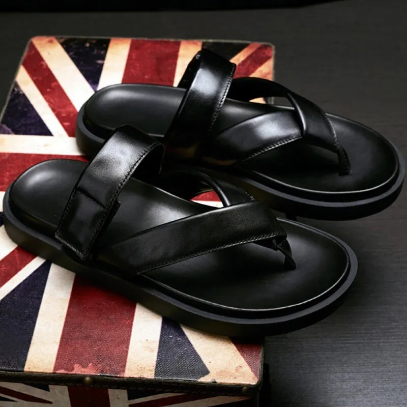 Men's Summer Genuine Leather Slip On Sandals with Thick Platform