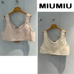 MiuMiu  |U-Neck Plain Cotton Logo Cropped Tops Tanks & Camisoles