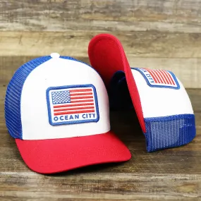 Ocean City Stars And Stripes USA Flag Royal Blue Mesh Trucker Hat | White And Royal Blue Trucker Hat