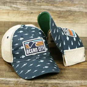 Ocean City Sunset Patch Fish Print Khaki Mesh Back Trucker Hat | Navy Blue Trucker Hat