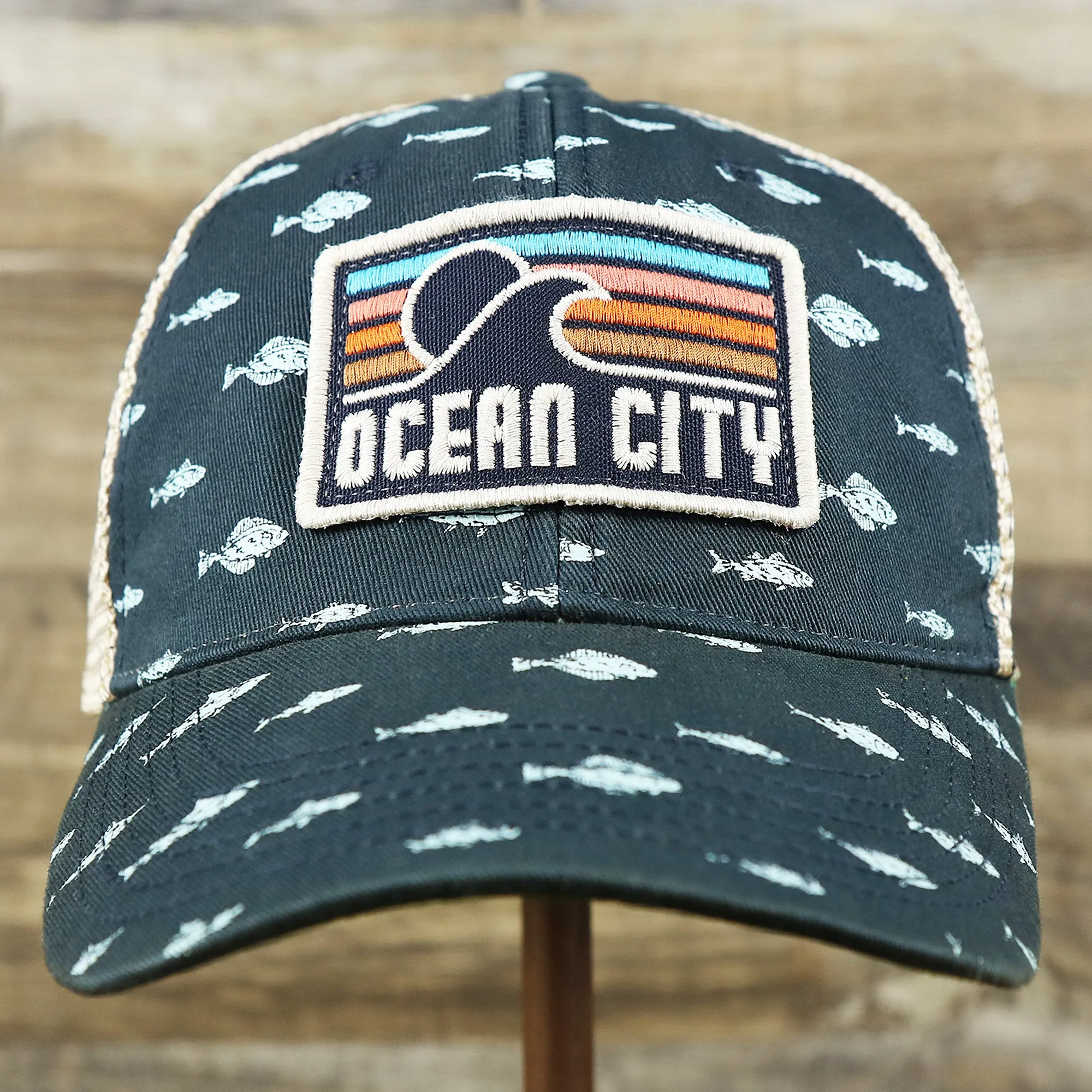 Ocean City Sunset Patch Fish Print Khaki Mesh Back Trucker Hat | Navy Blue Trucker Hat