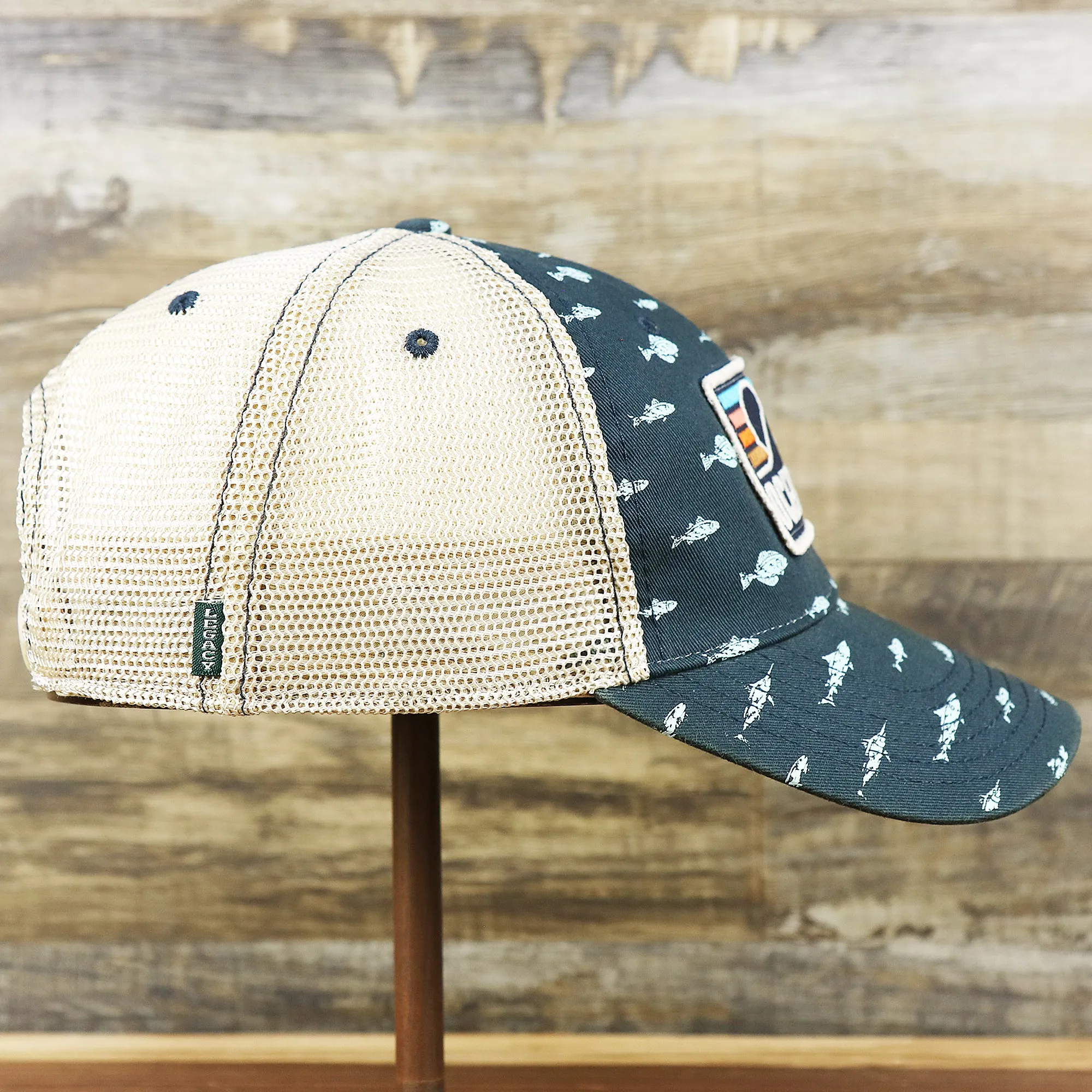 Ocean City Sunset Patch Fish Print Khaki Mesh Back Trucker Hat | Navy Blue Trucker Hat