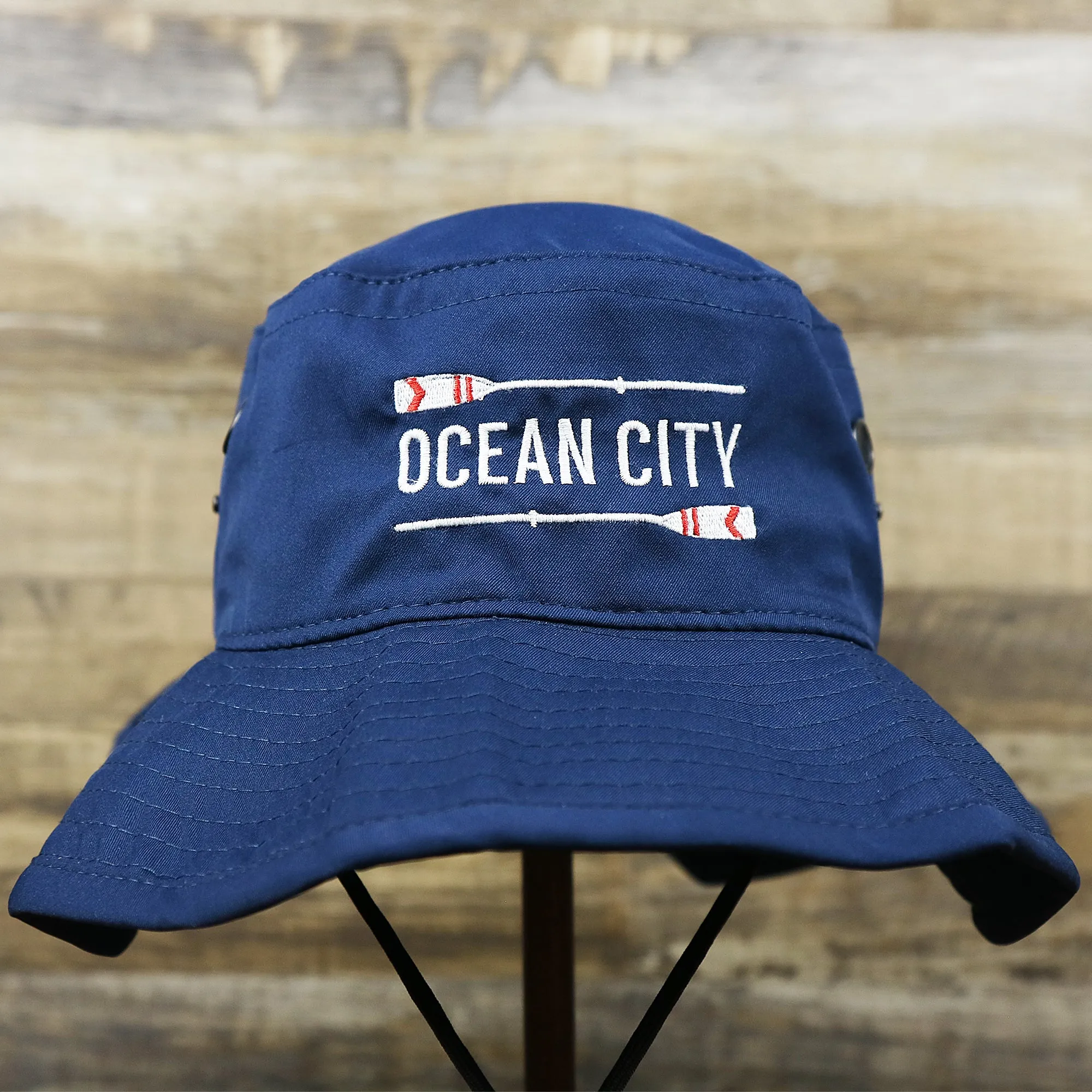 Ocean City Wordmark Parallel Oars New Jersey Bucket Hat | Navy Blue Bucket Hat