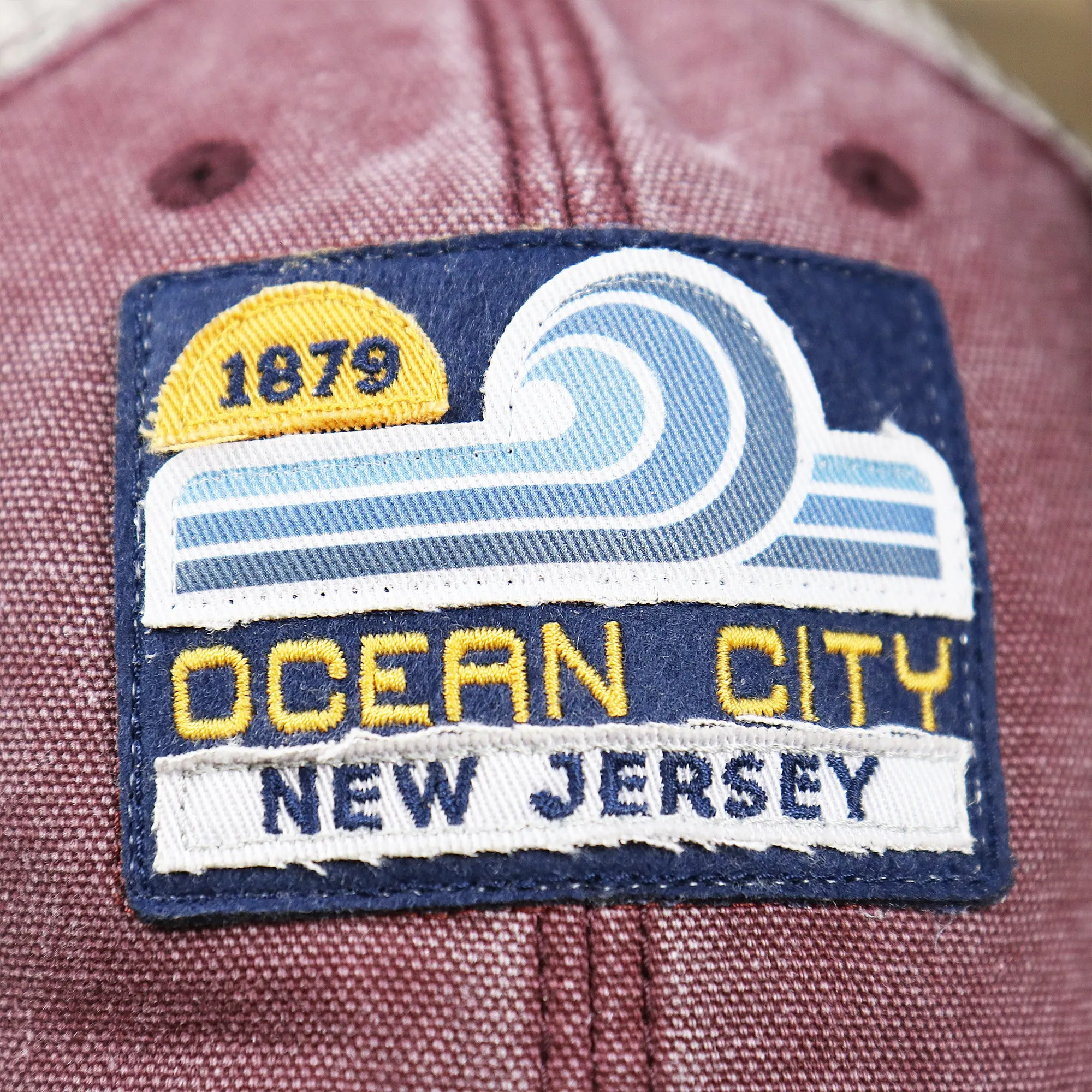 OCNJ 1879 Ocean City New Jersey Wave Trucker Hat | Burgundy And Khaki Mesh Trucker Hat