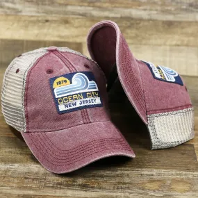 OCNJ 1879 Ocean City New Jersey Wave Trucker Hat | Burgundy And Khaki Mesh Trucker Hat