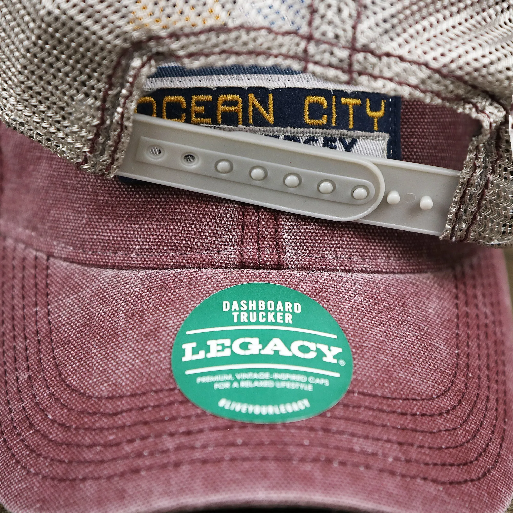 OCNJ 1879 Ocean City New Jersey Wave Trucker Hat | Burgundy And Khaki Mesh Trucker Hat