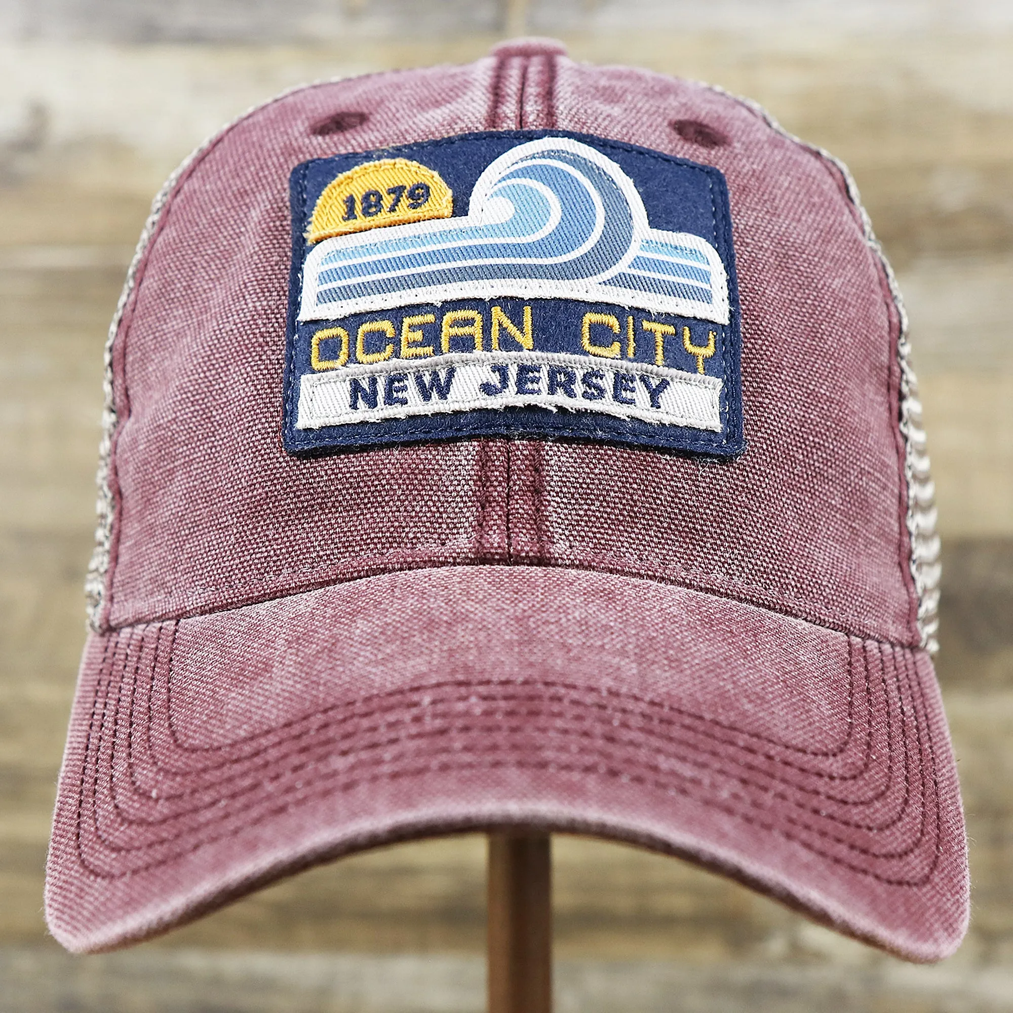 OCNJ 1879 Ocean City New Jersey Wave Trucker Hat | Burgundy And Khaki Mesh Trucker Hat