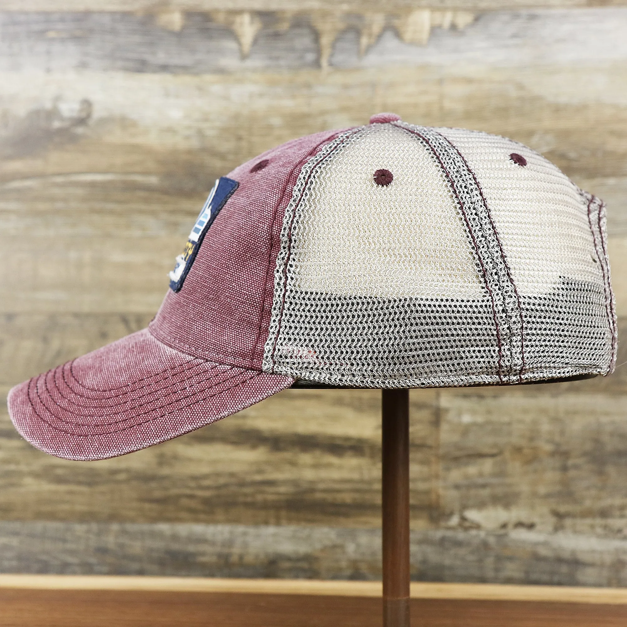 OCNJ 1879 Ocean City New Jersey Wave Trucker Hat | Burgundy And Khaki Mesh Trucker Hat