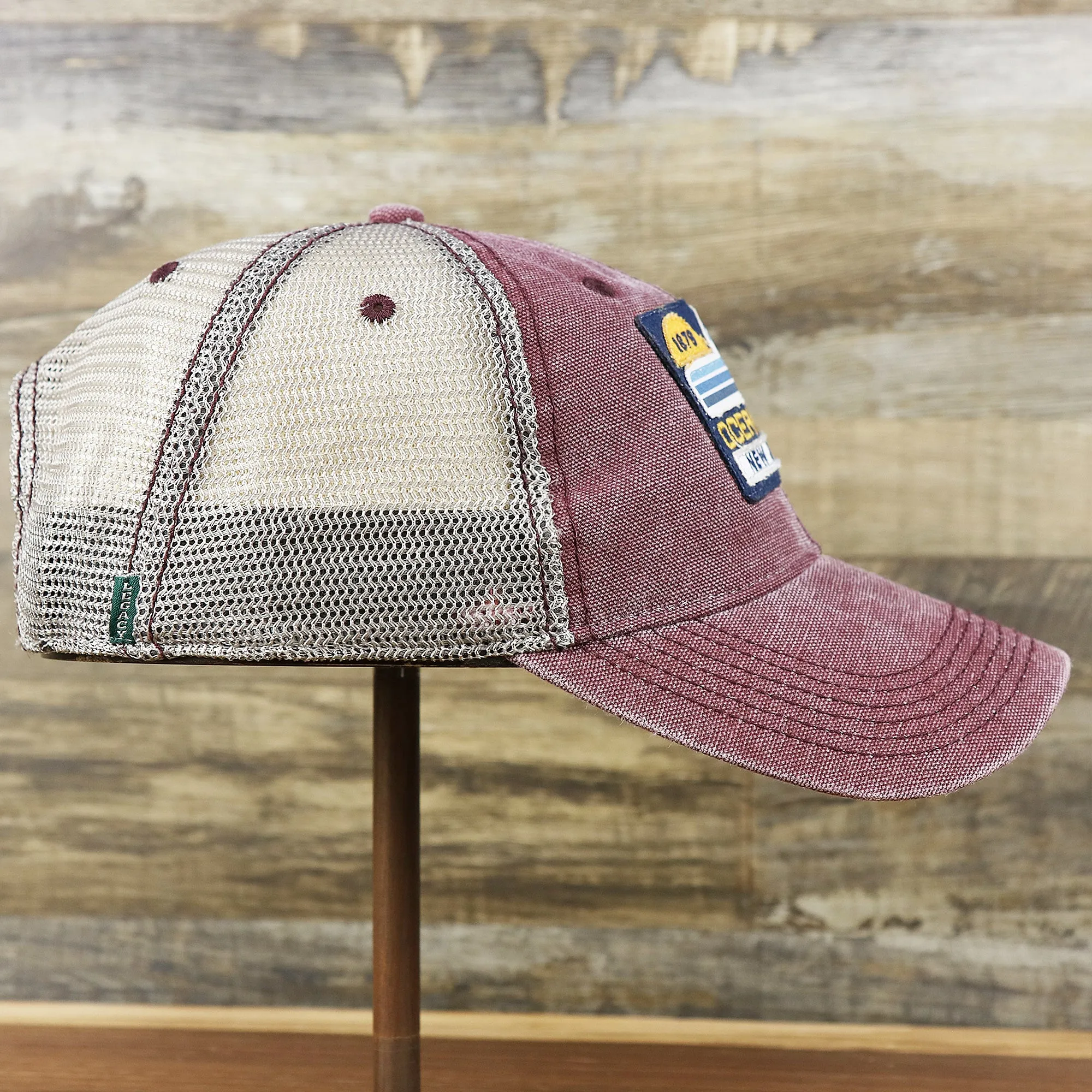 OCNJ 1879 Ocean City New Jersey Wave Trucker Hat | Burgundy And Khaki Mesh Trucker Hat