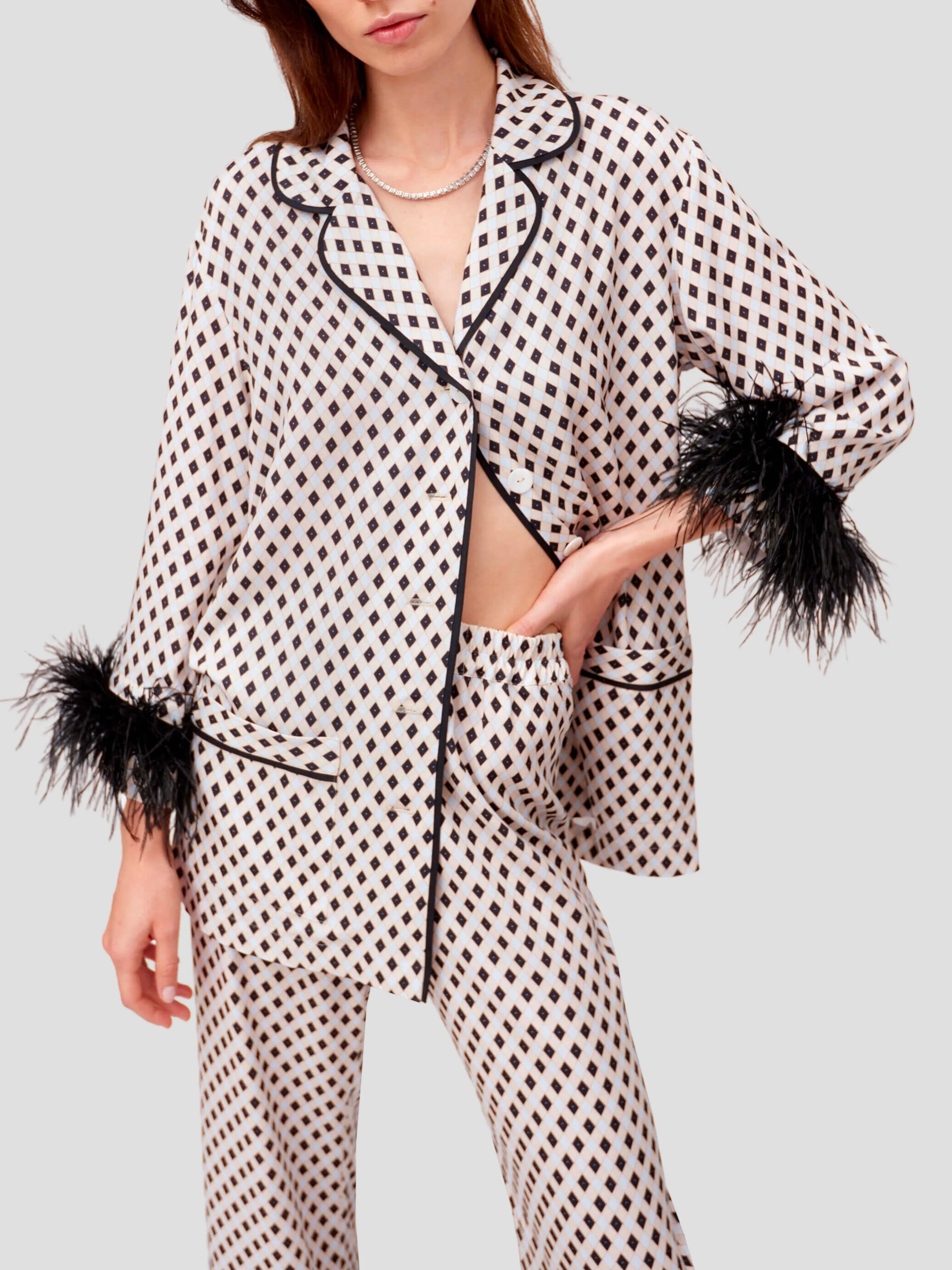 Party Pajama Set w/ Double Feathers in Black/White