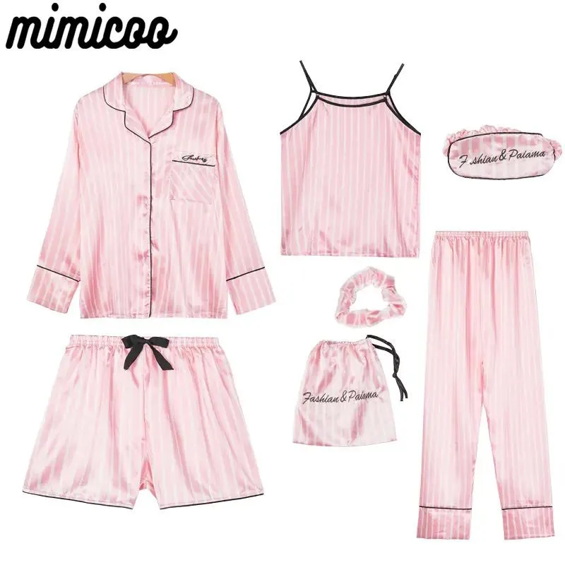 Pink Women's 7 Pieces Pajamas Sets Faux Silk Striped Pyjama Women Sleepwear Spring Summer Autumn Homewear Lounge Home Clothes S3