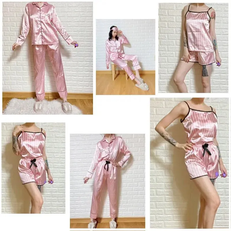 Pink Women's 7 Pieces Pajamas Sets Faux Silk Striped Pyjama Women Sleepwear Spring Summer Autumn Homewear Lounge Home Clothes S3