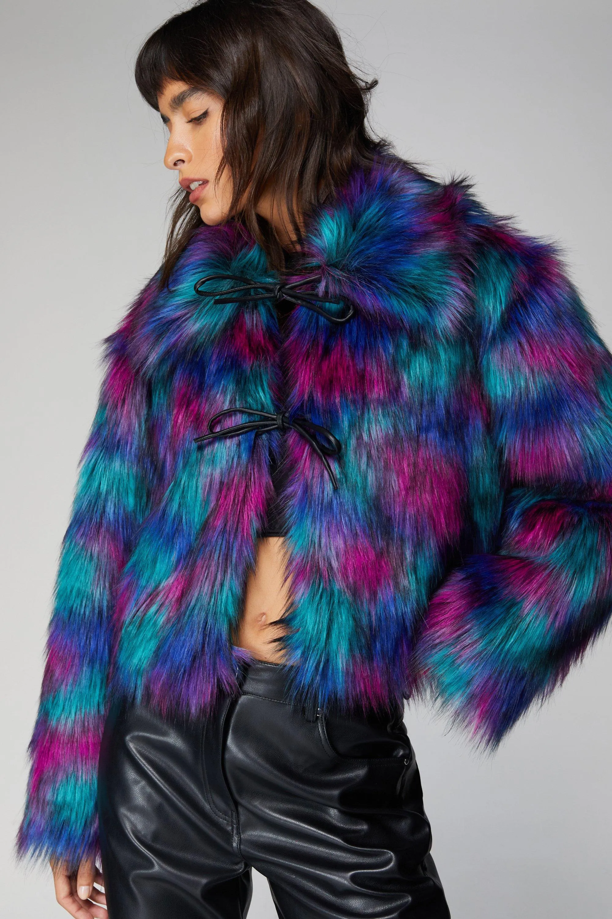 Premium MultiColour Faux Fur Tie Detail Coat