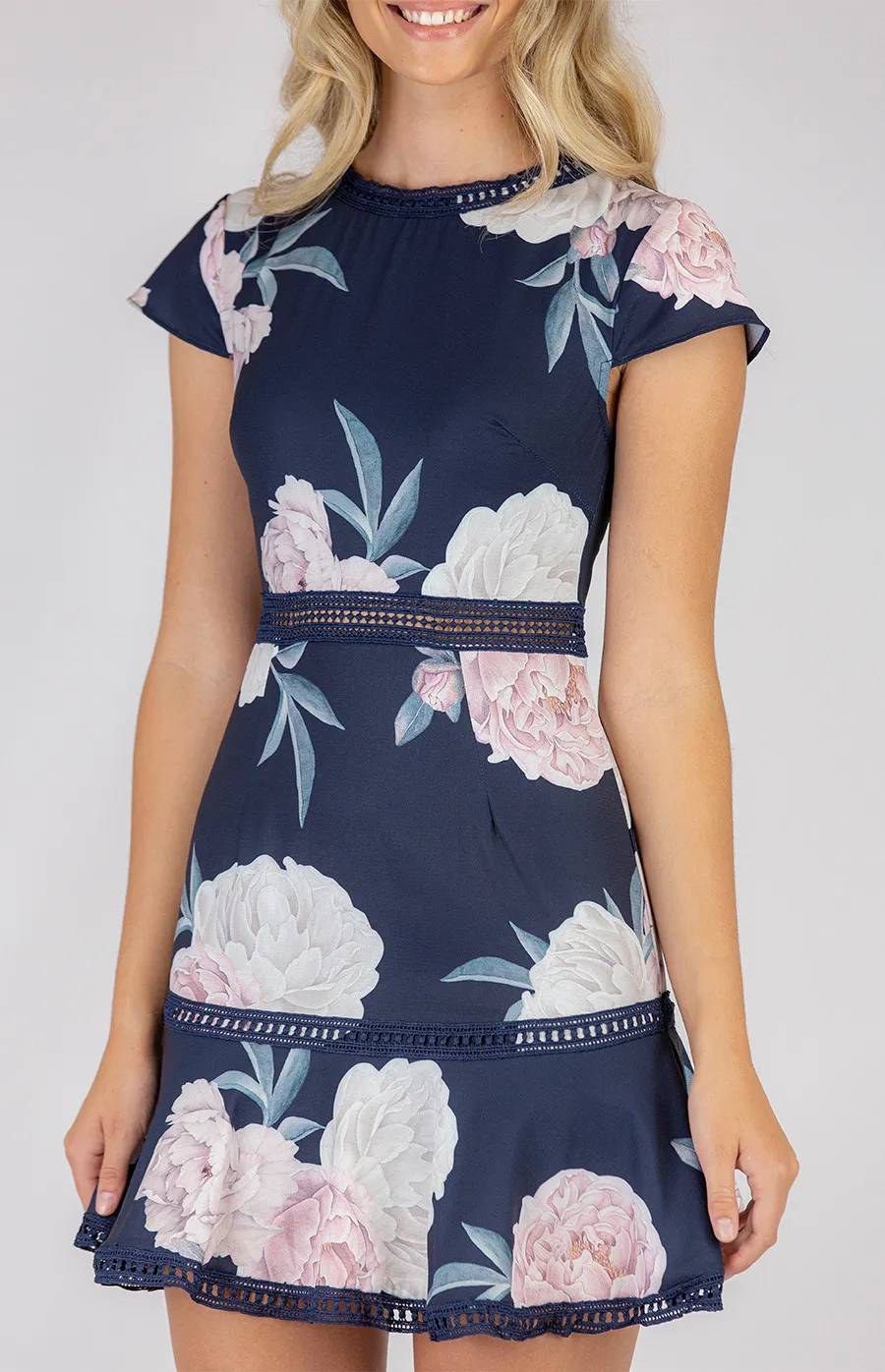 Printed Cap Sleeve Dress with Trim details (SDR396-2A)