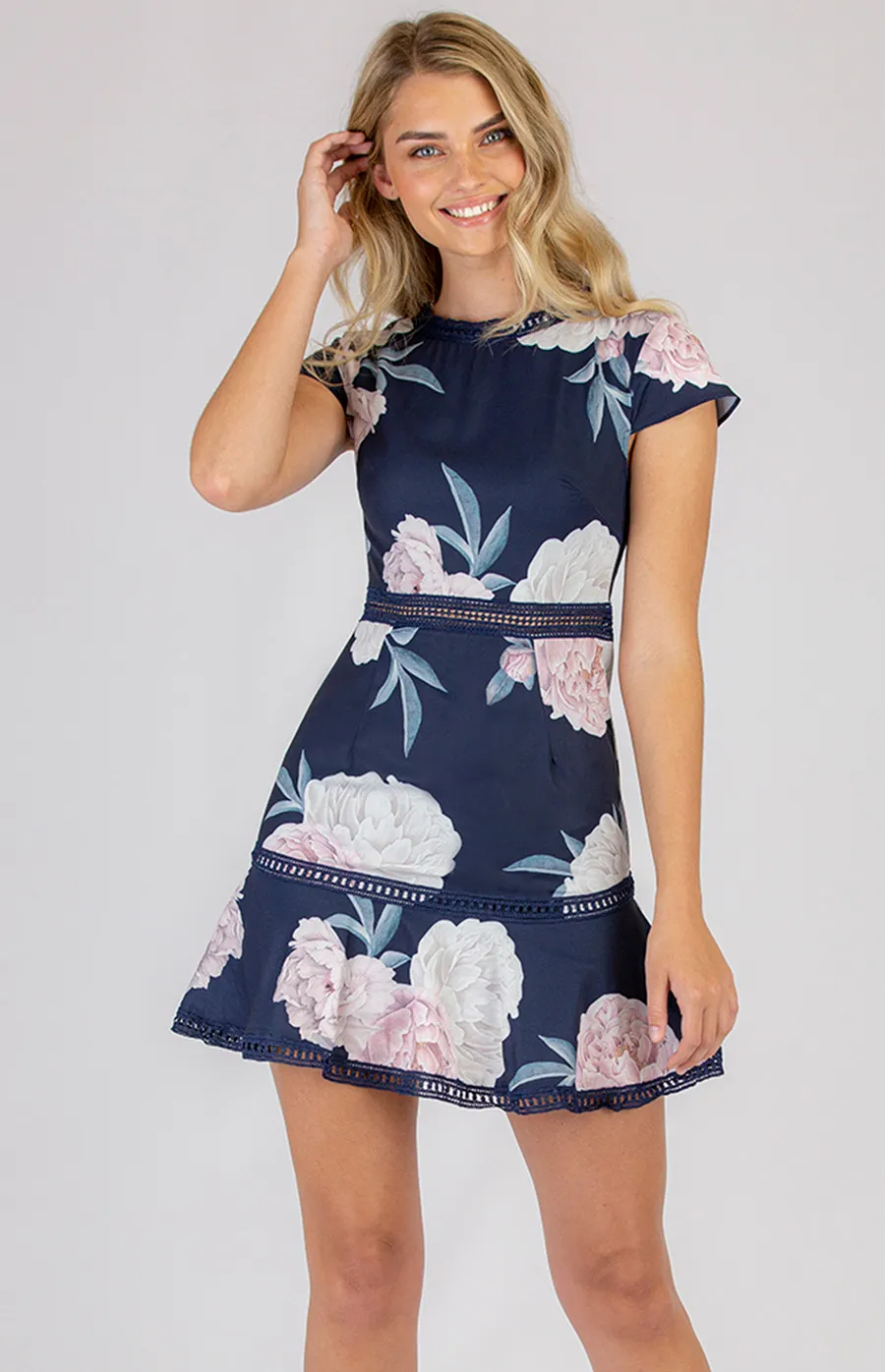 Printed Cap Sleeve Dress with Trim details (SDR396-2A)