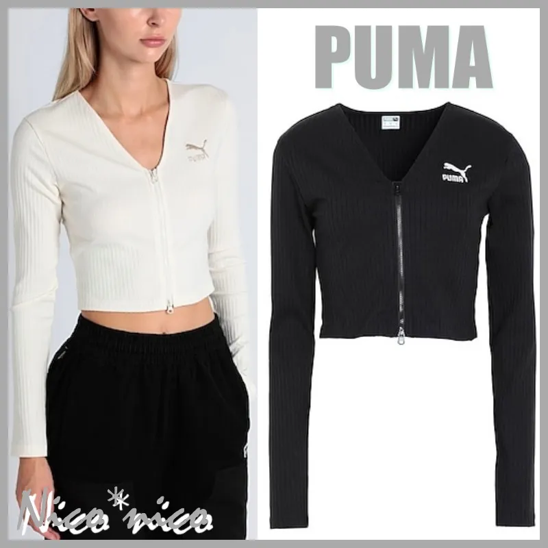 PUMA  |Rib Long Sleeves Plain Cotton Logo Cropped Tops Cardigans