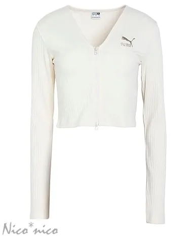 PUMA  |Rib Long Sleeves Plain Cotton Logo Cropped Tops Cardigans