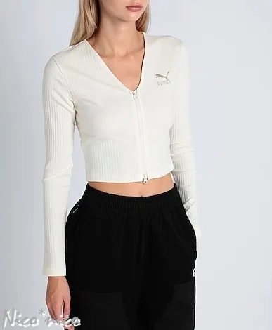 PUMA  |Rib Long Sleeves Plain Cotton Logo Cropped Tops Cardigans