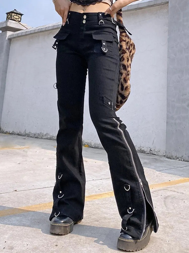 Rapcopter Metal Zipper Flare Jeans Goth Low Waisted Cargo Pants