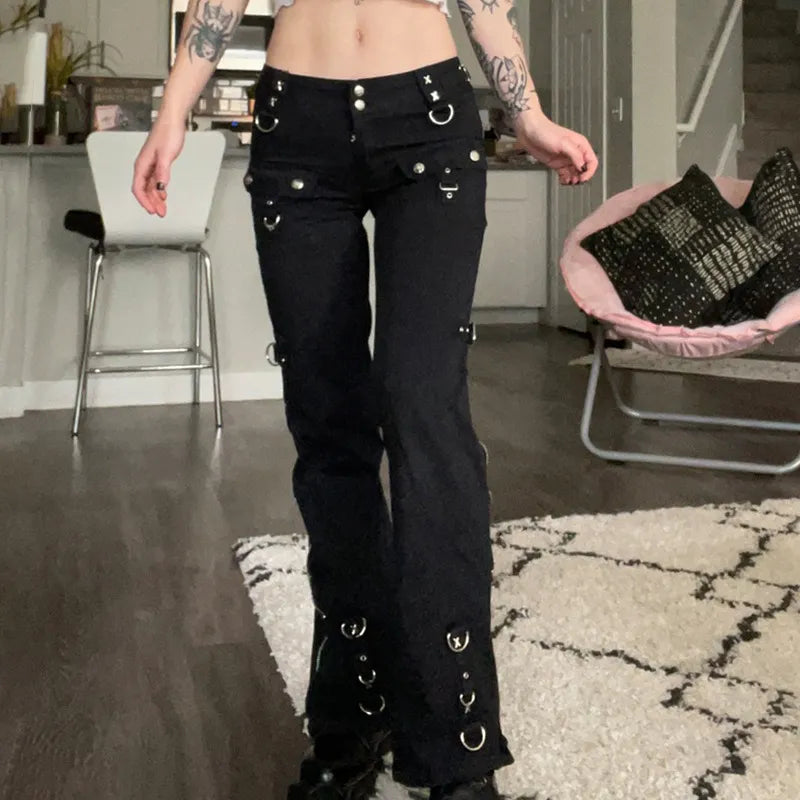 Rapcopter Metal Zipper Flare Jeans Goth Low Waisted Cargo Pants