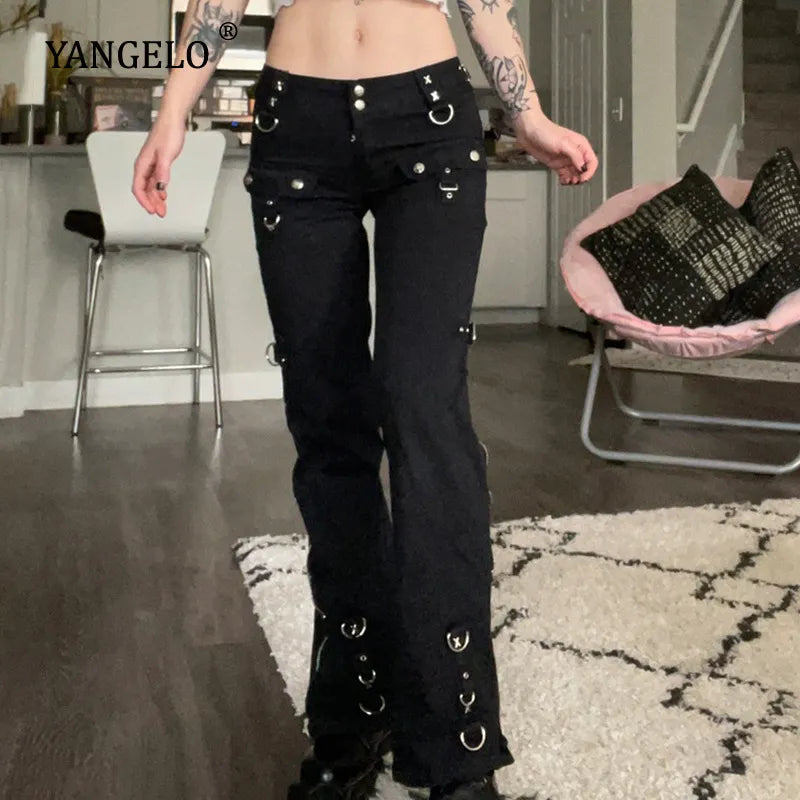 Rapcopter Metal Zipper Flare Jeans Goth Low Waisted Cargo Pants