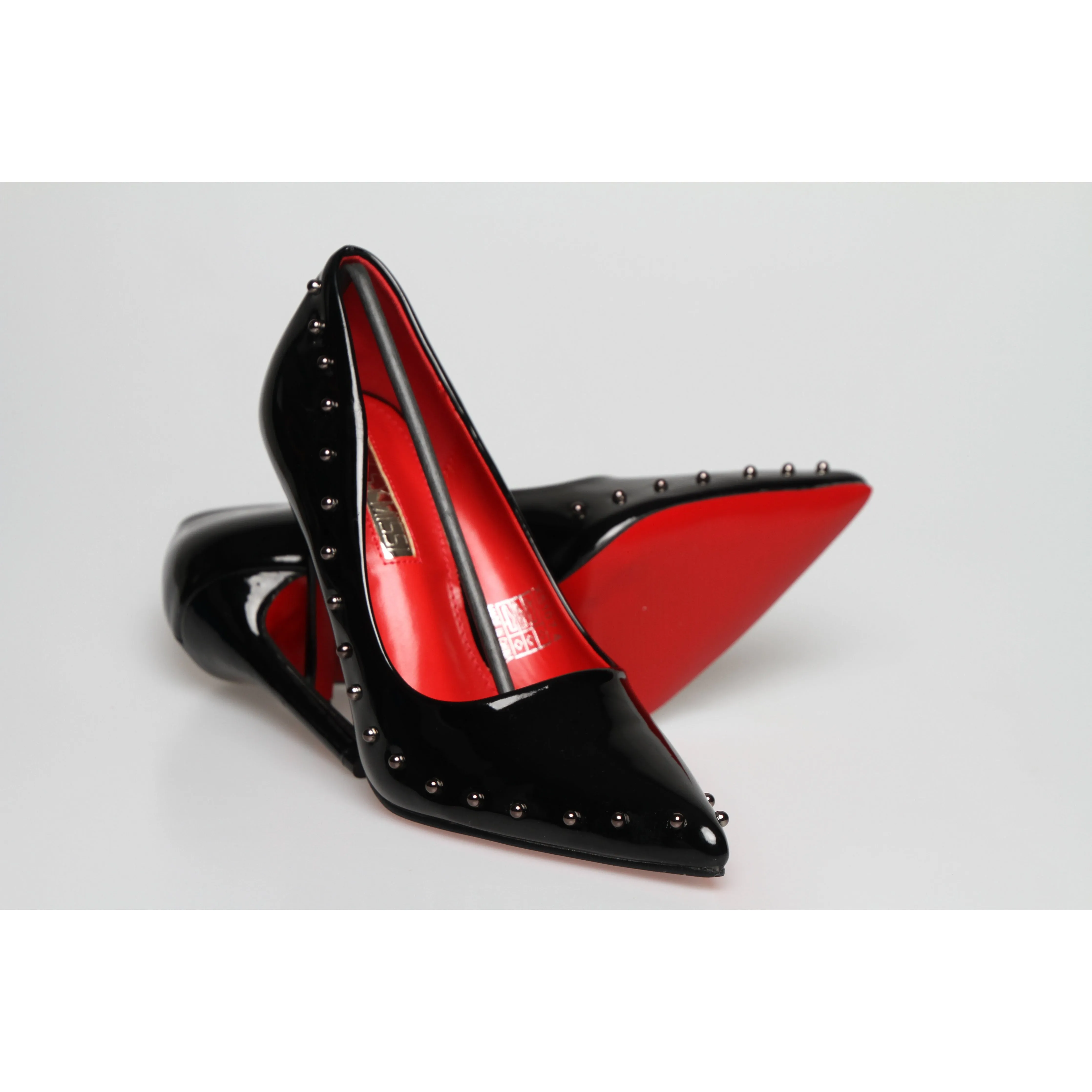 Red Sole Black Patent Rivet High Heel