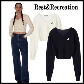 Rest & Recreation  |V-Neck Long Sleeves Logo Cropped Tops V-neck & Crew neck