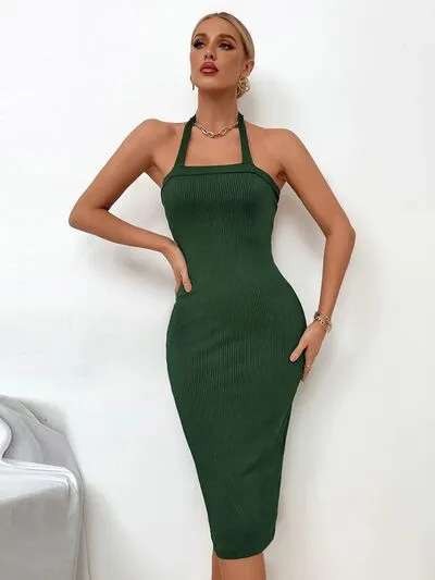 Ribbed Halter Neck Wrap Dress