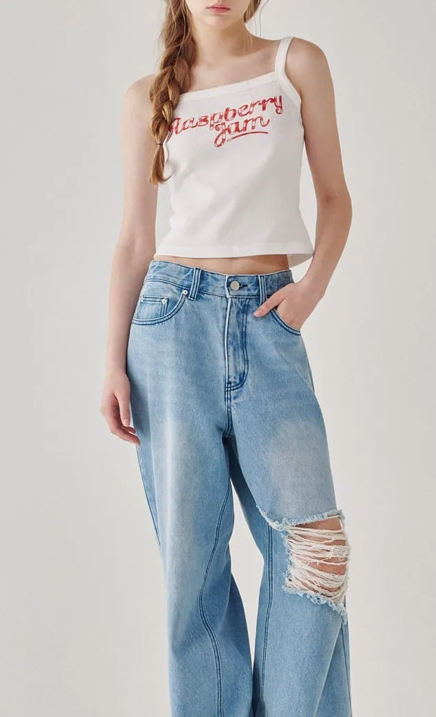 RONRON  |Sleeveless Street Style Cotton Logo Cropped Tops