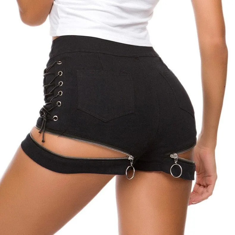 Sexy High Waist Hollow Out Bandage Denim Ripped ShortsBlack