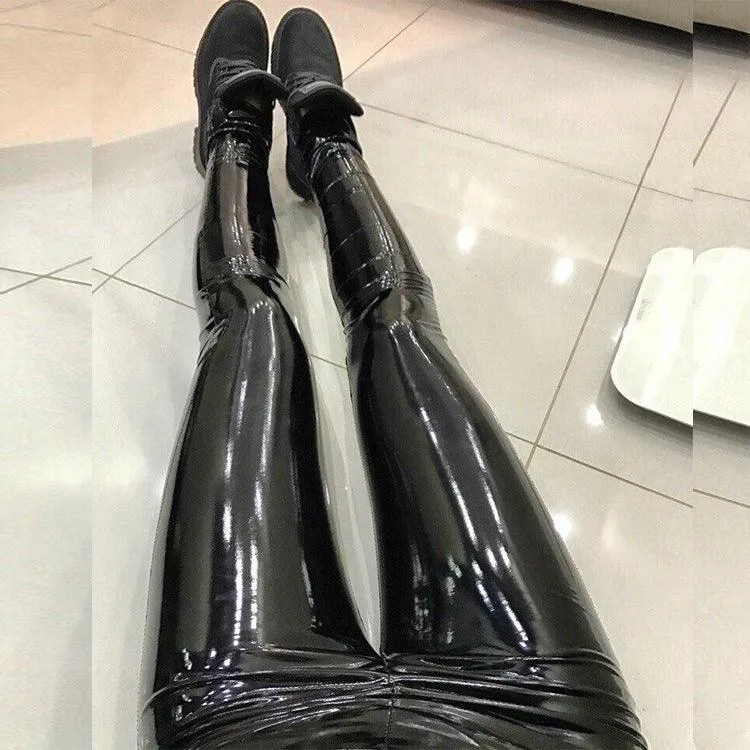 Sexy High-Waist Leather Leggings for Women with Elastic Skinny Push-Up Stretch