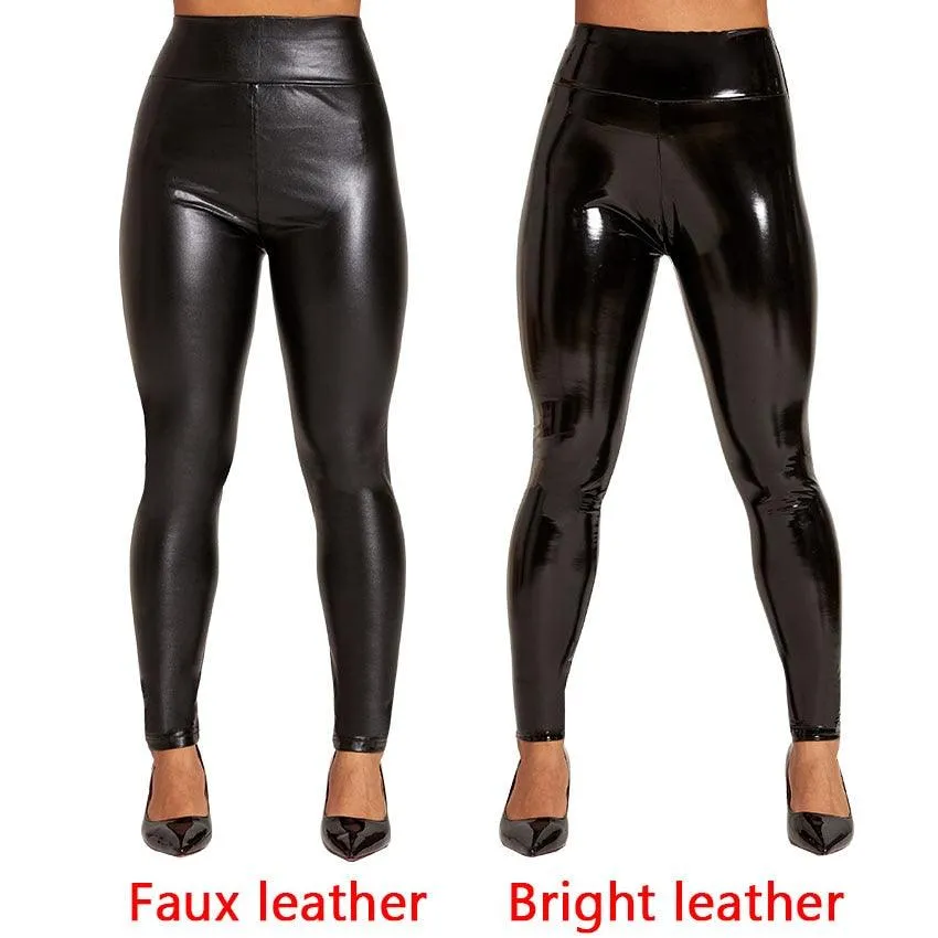 Sexy High-Waist Leather Leggings for Women with Elastic Skinny Push-Up Stretch