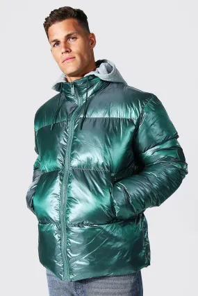 Tall 2-tone Puffer With Removable Jersey Hood | boohooMAN UK