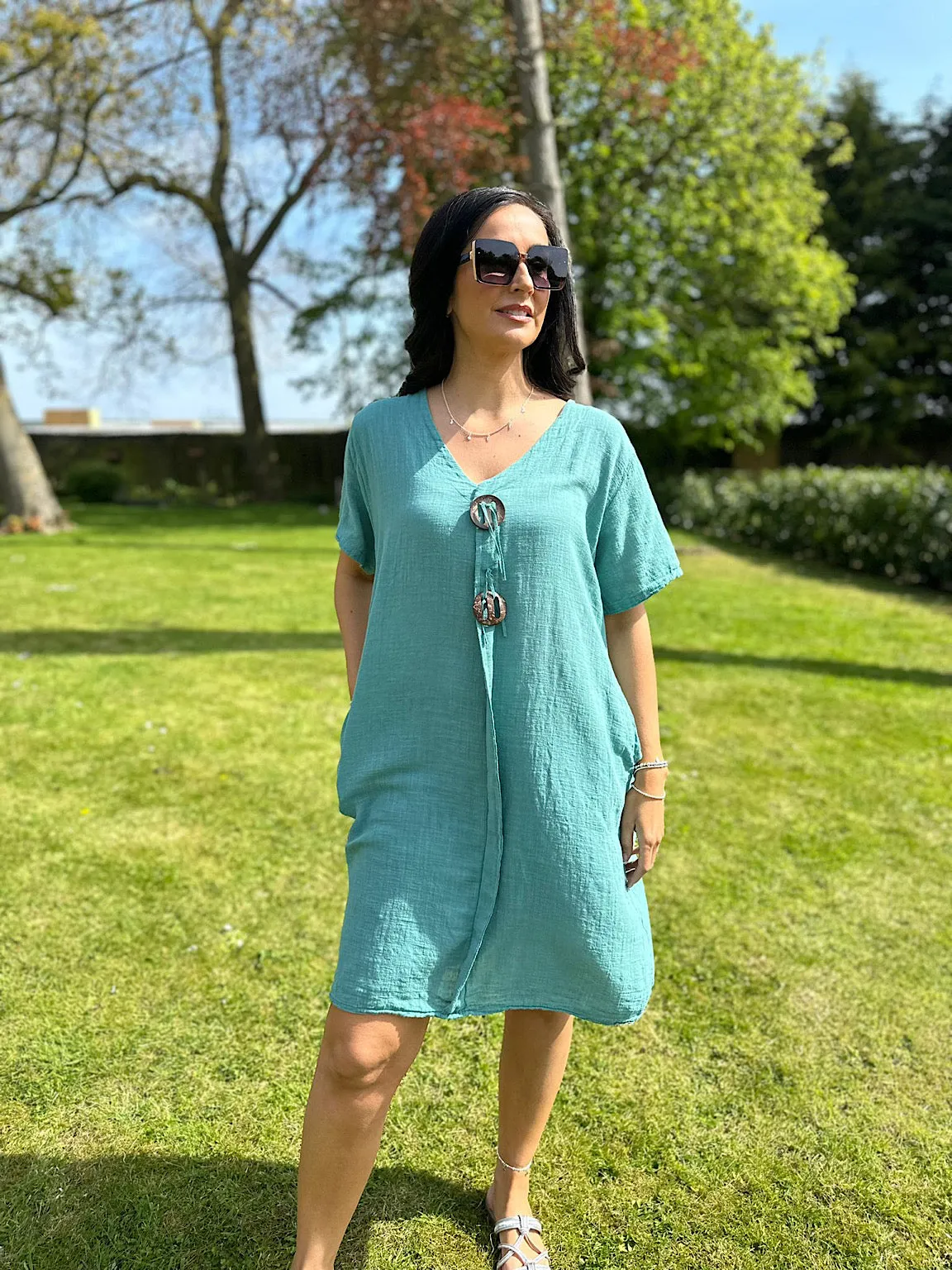 Teal V Neck Button Tunic Dress Sandra