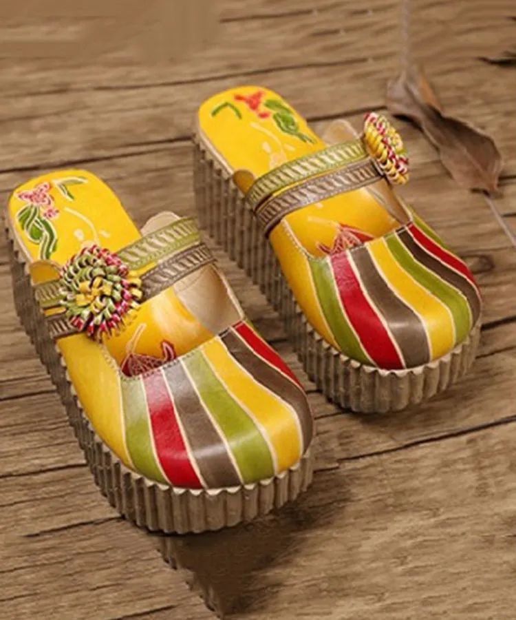 Unique Yellow Stripe Cowhide Leather Splicing Wedge Slide Sandals SL1029