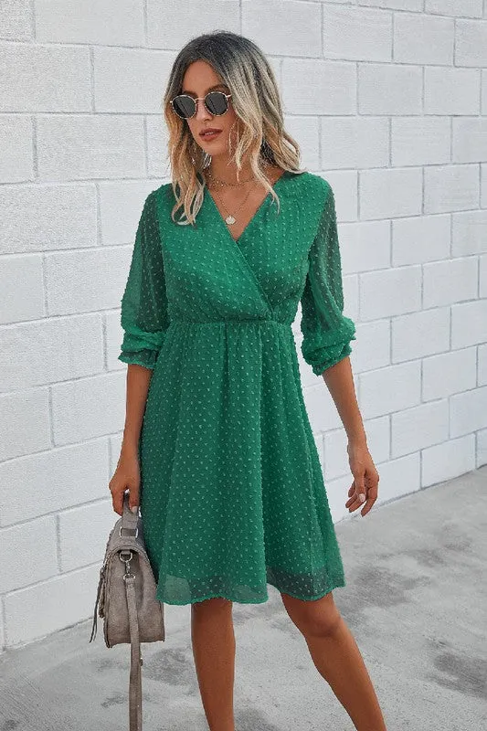 V Neck Wrap Solid Ruffle Dress