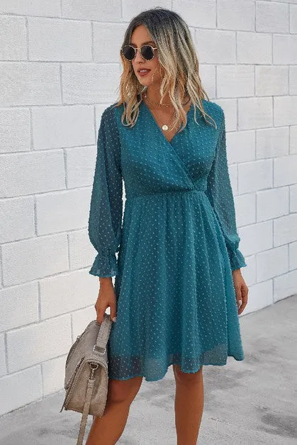 V Neck Wrap Solid Ruffle Dress