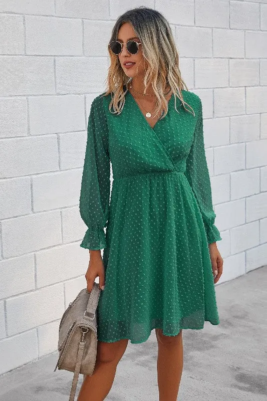 V Neck Wrap Solid Ruffle Dress